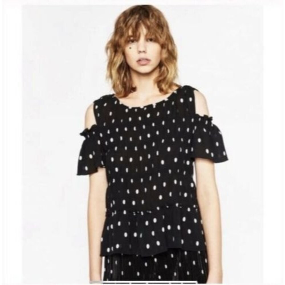 Zara Basics Black White Polka-dot Cold Shoulder Blouse S